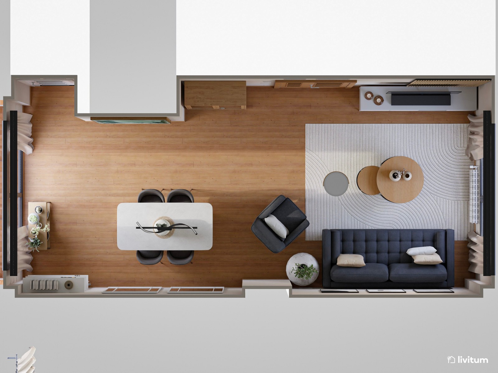 Salón moderno con gris antracita y comedor en blanco 