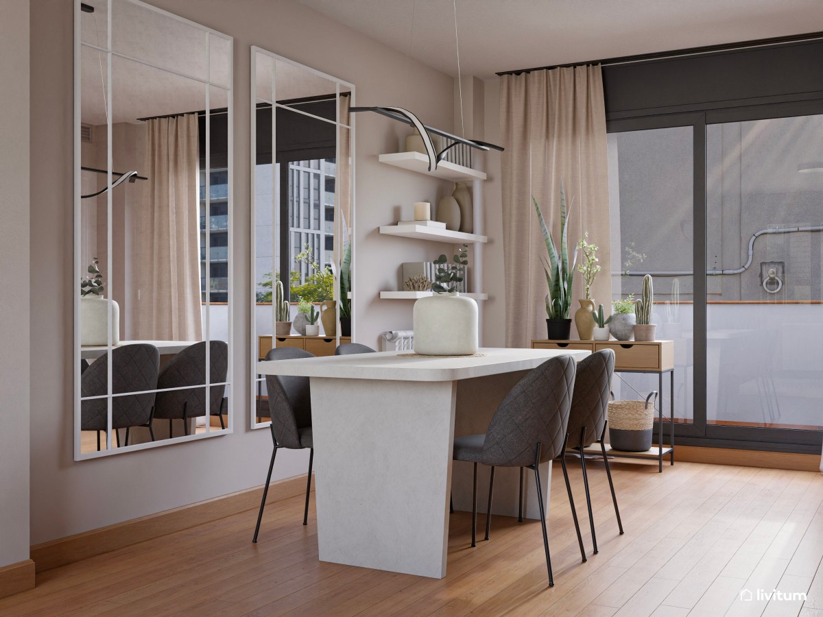 Salón moderno con gris antracita y comedor en blanco