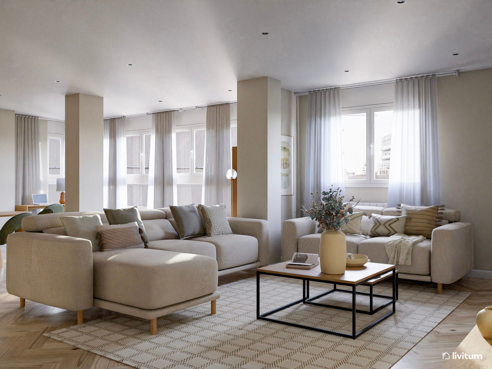 Salón moderno con inspiración vintage y lámpara de arco dorada