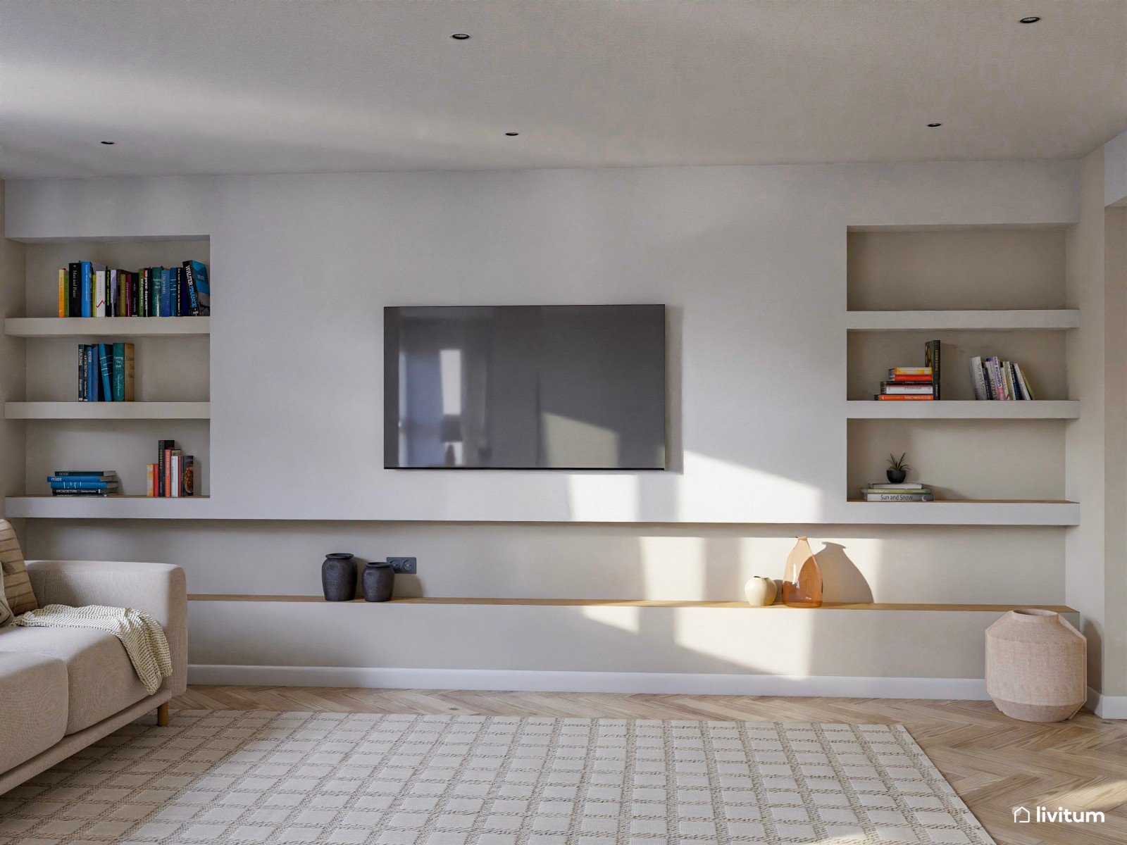 Salón moderno con inspiración vintage y lámpara de arco dorada