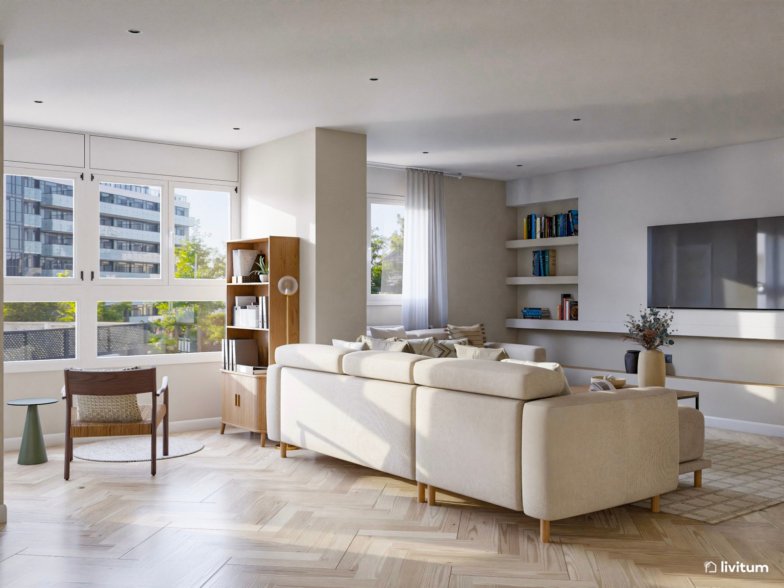 Salón moderno con inspiración vintage y lámpara de arco dorada