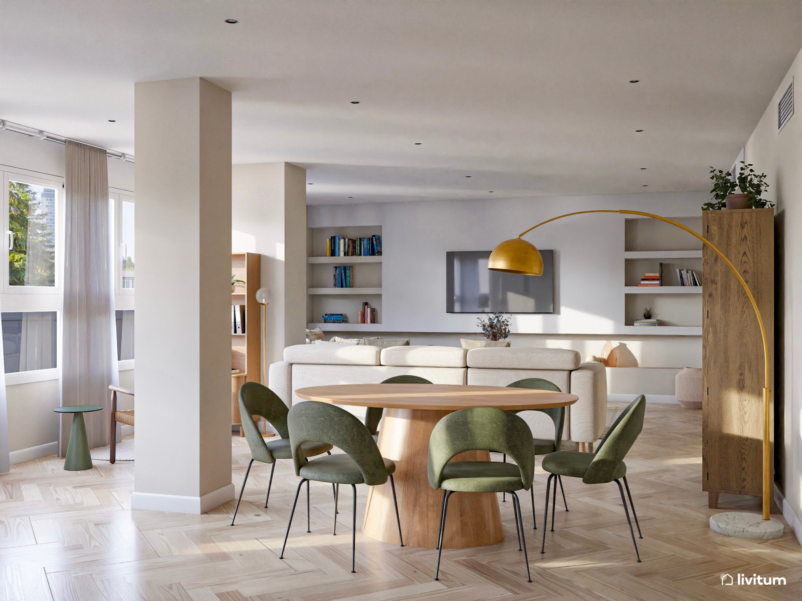 Salón moderno con inspiración vintage y lámpara de arco dorada