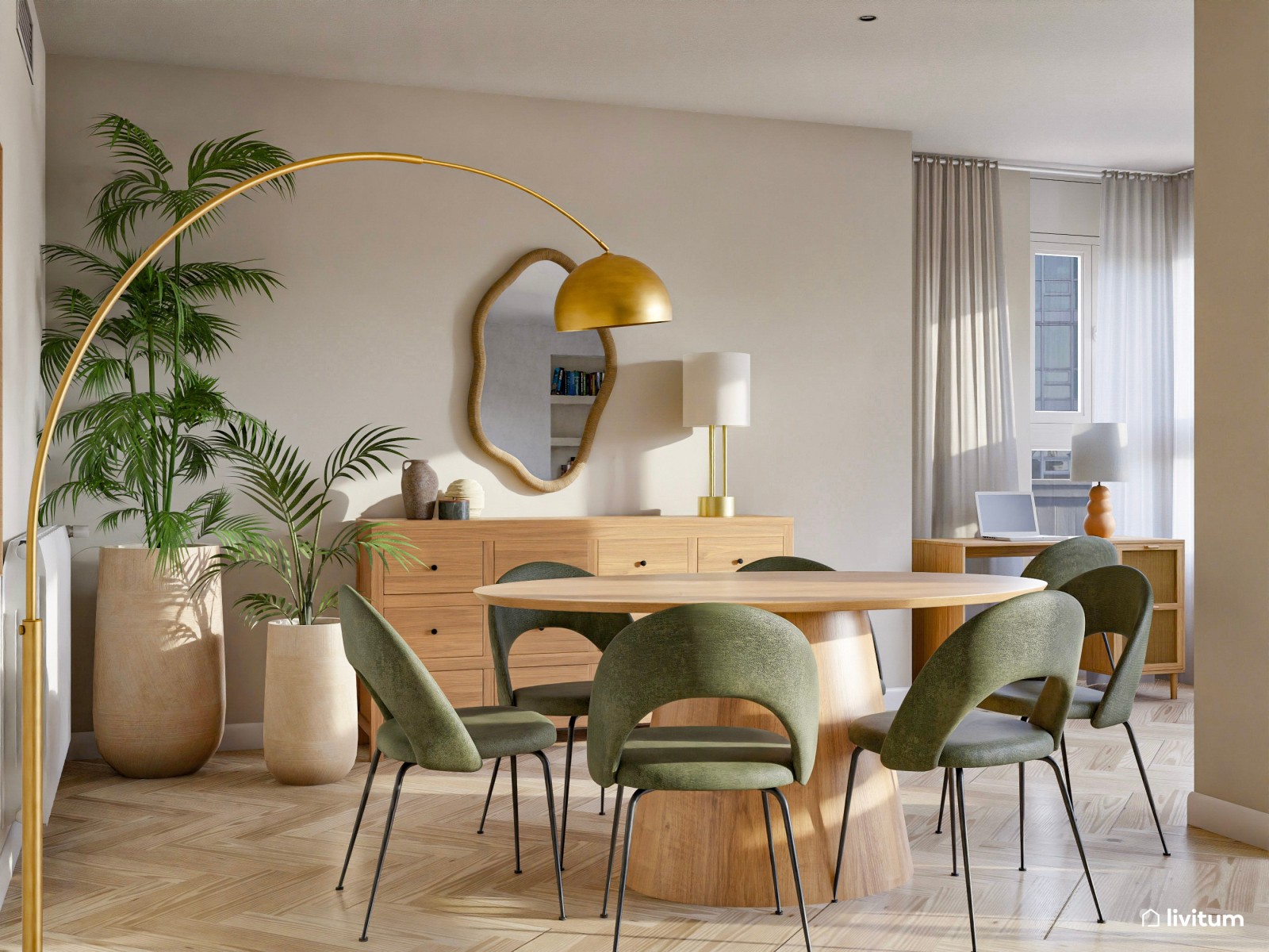 Salón moderno con inspiración vintage y lámpara de arco dorada