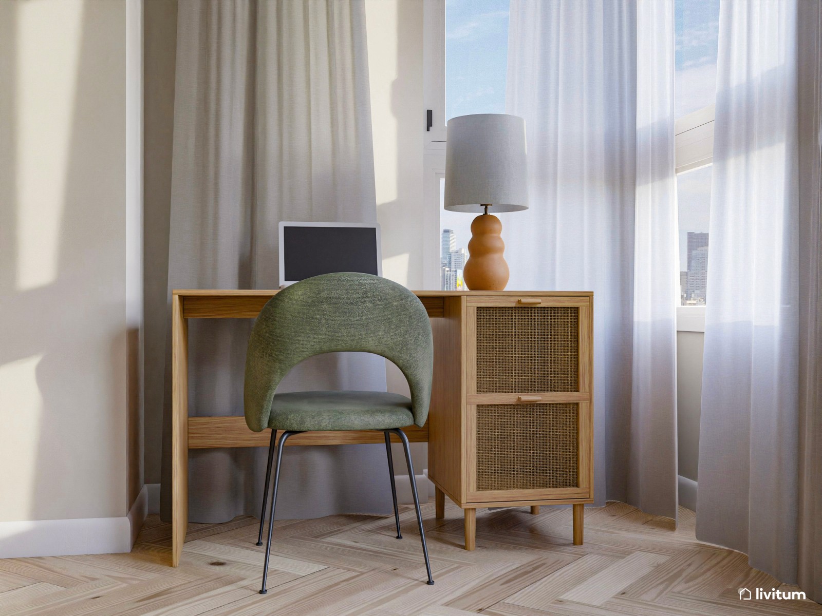 Salón moderno con inspiración vintage y lámpara de arco dorada