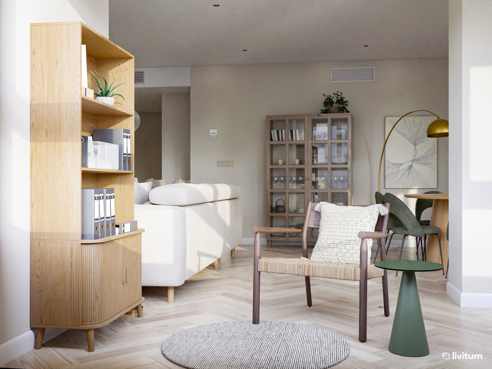 Salón moderno con inspiración vintage y lámpara de arco dorada