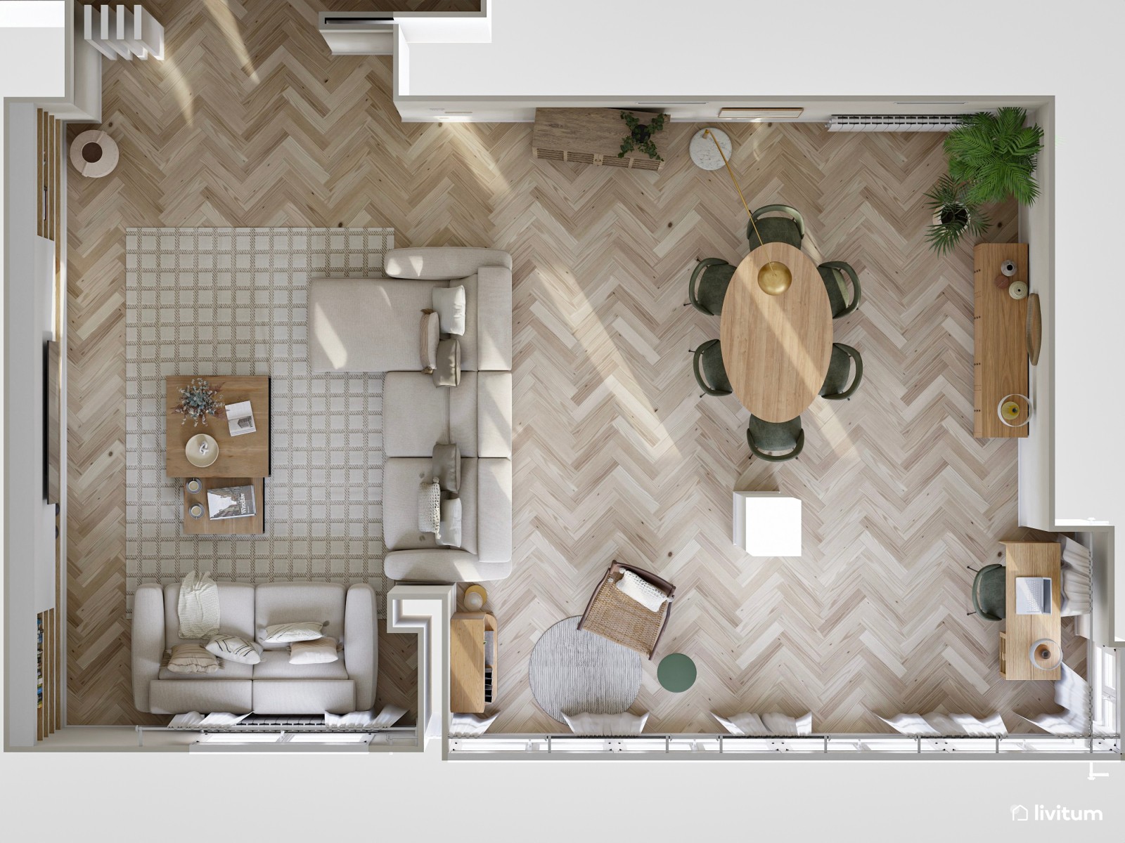 Salón moderno con inspiración vintage y lámpara de arco dorada