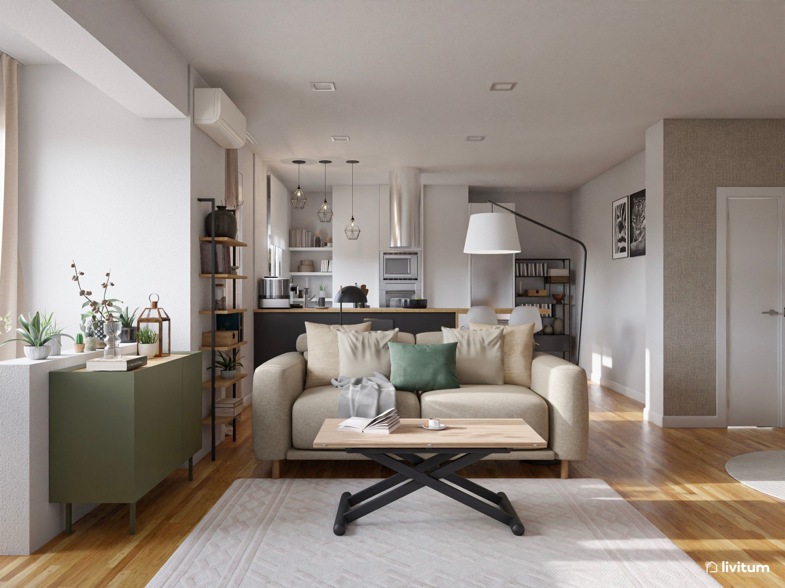 Salón  moderno con madera, detalles en negro y verde