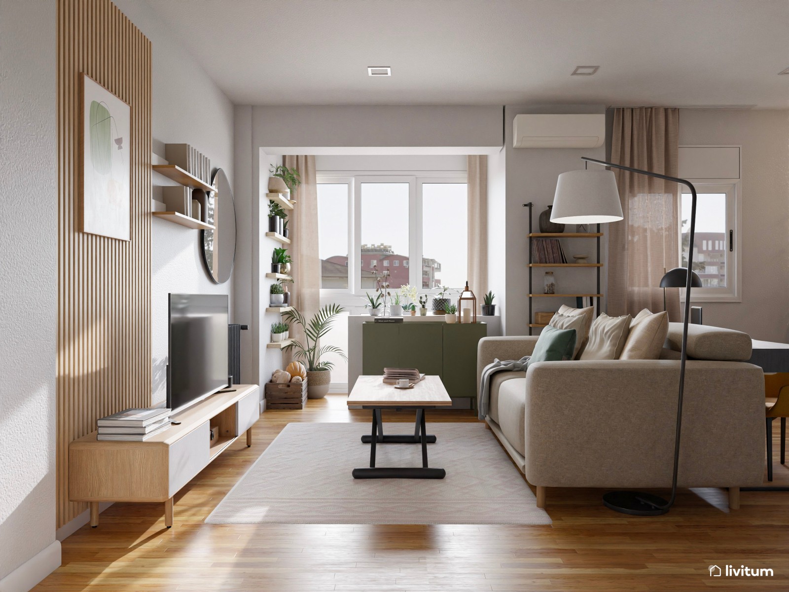 Salón  moderno con madera, detalles en negro y verde