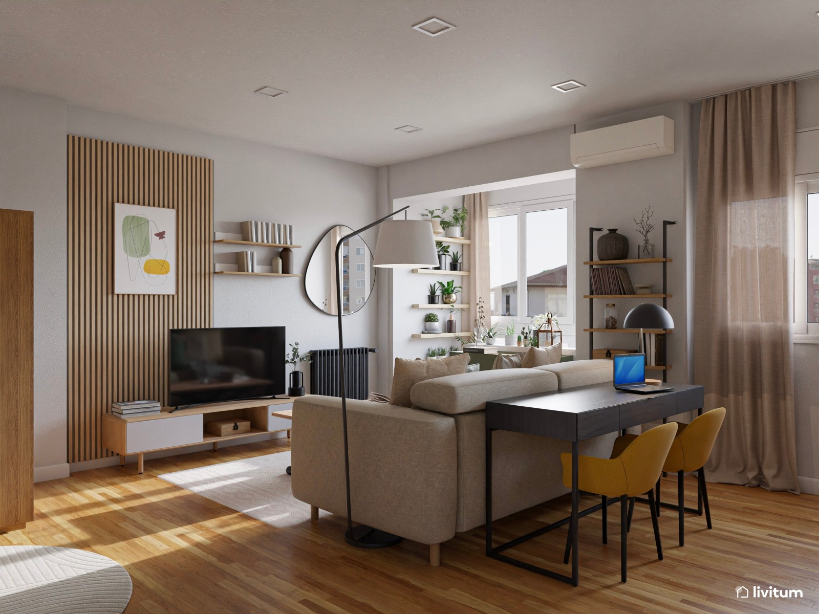 Salón  moderno con madera, detalles en negro y verde