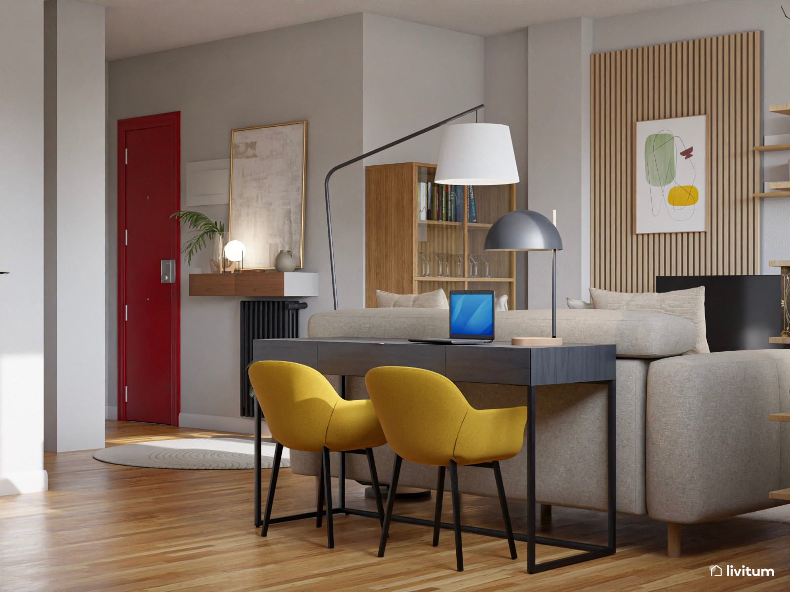 Salón  moderno con madera, detalles en negro y verde