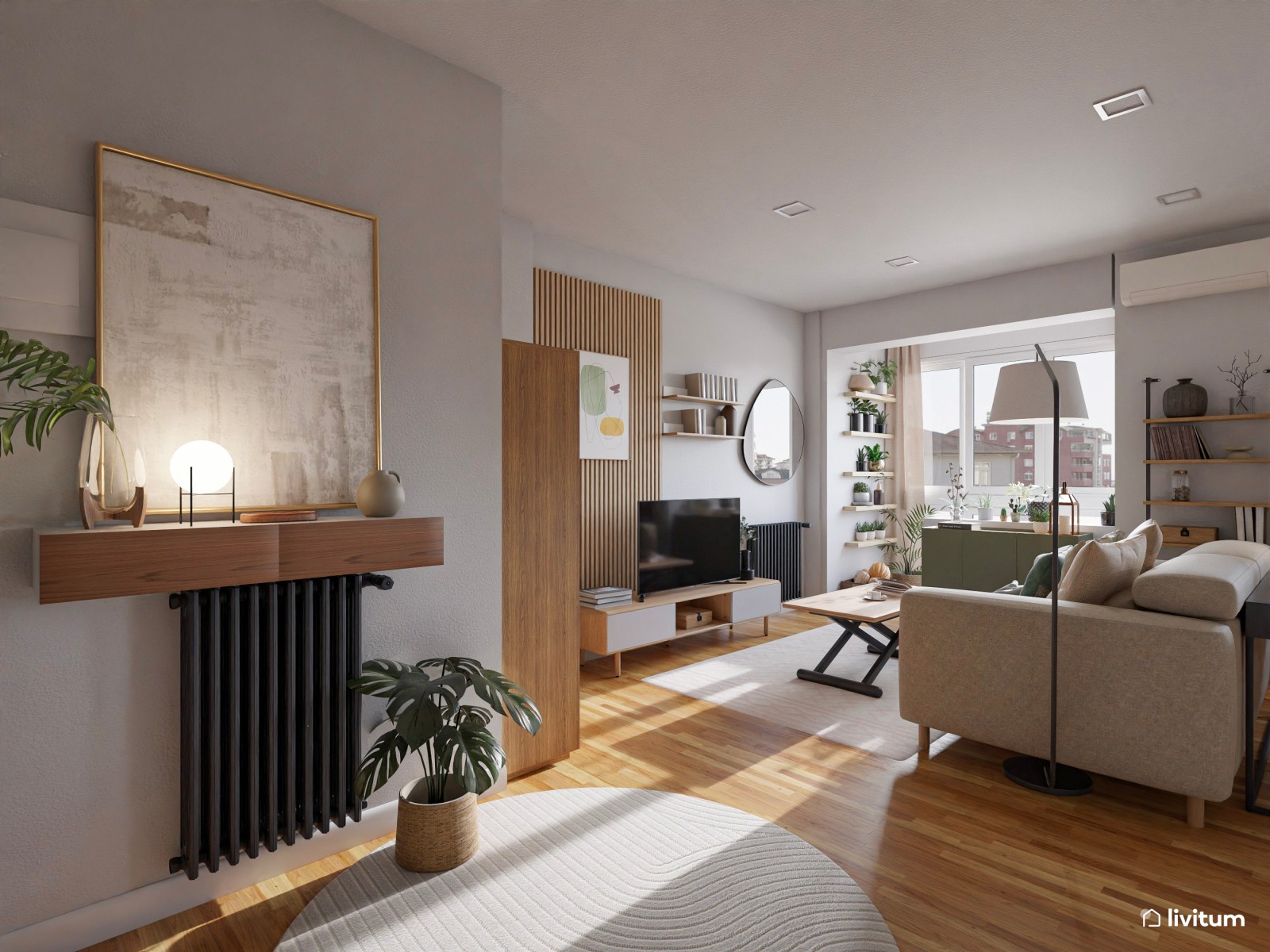 Salón  moderno con madera, detalles en negro y verde