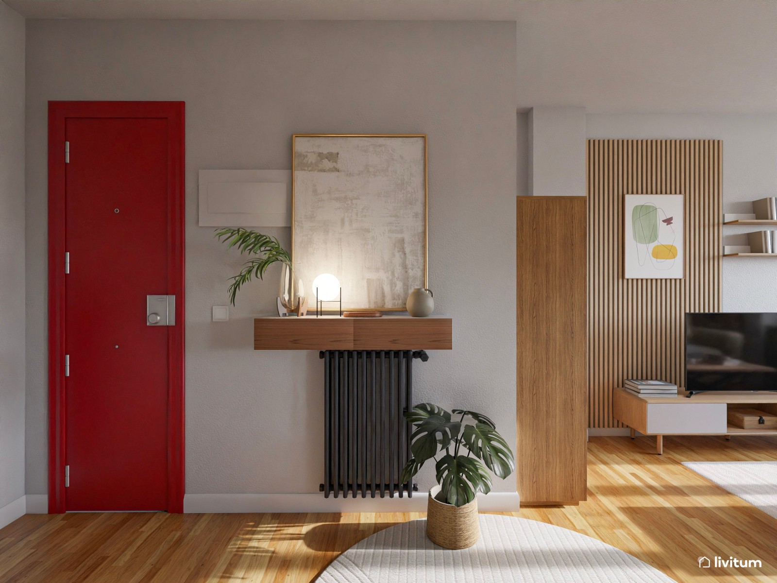 Salón  moderno con madera, detalles en negro y verde