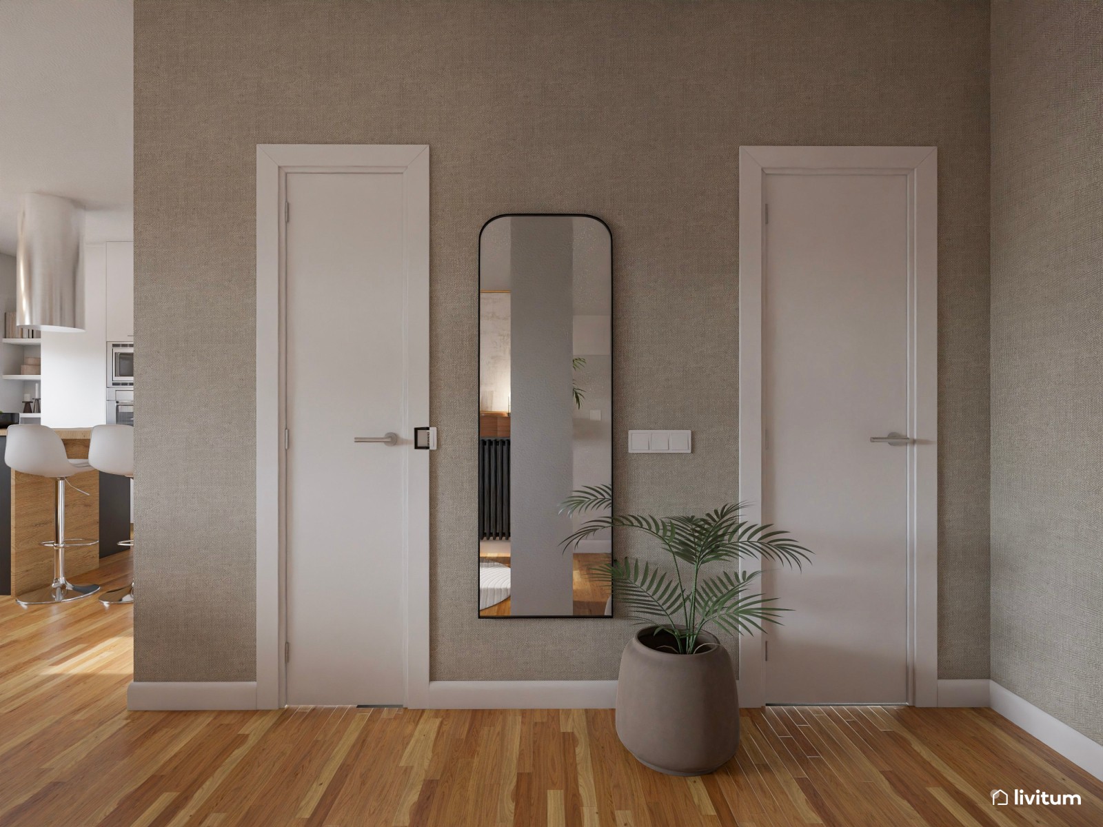 Salón  moderno con madera, detalles en negro y verde
