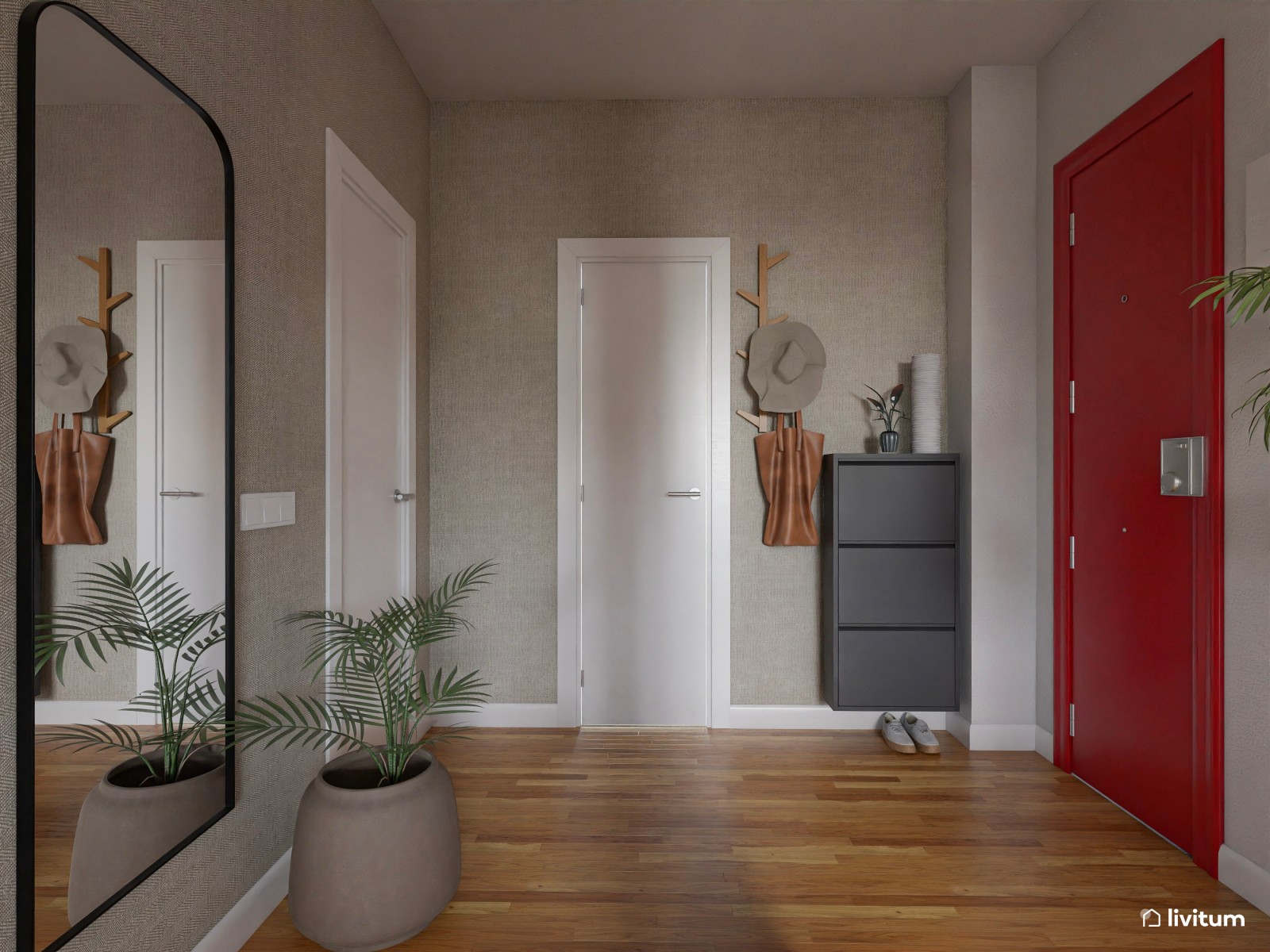 Salón  moderno con madera, detalles en negro y verde