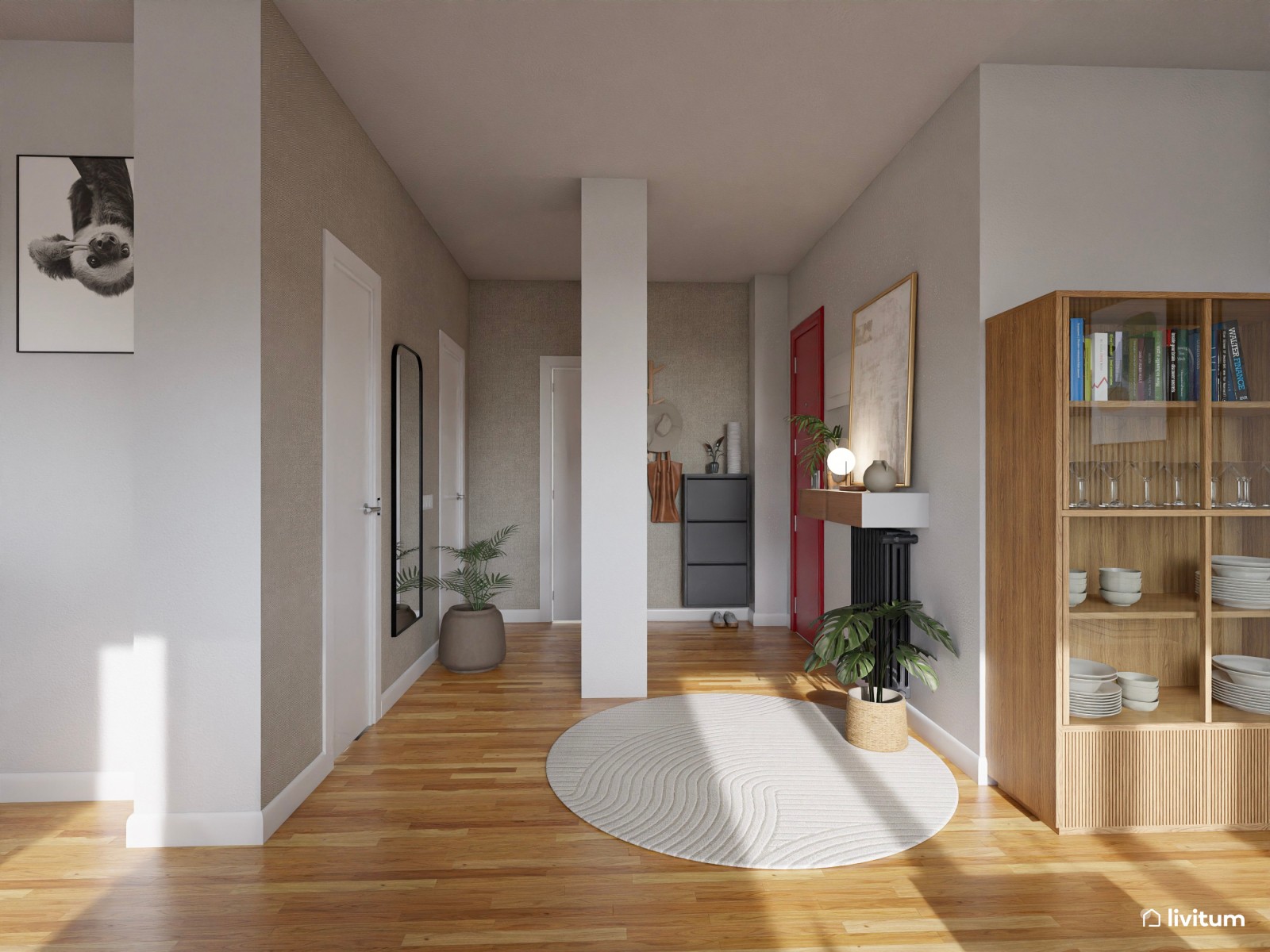 Salón  moderno con madera, detalles en negro y verde