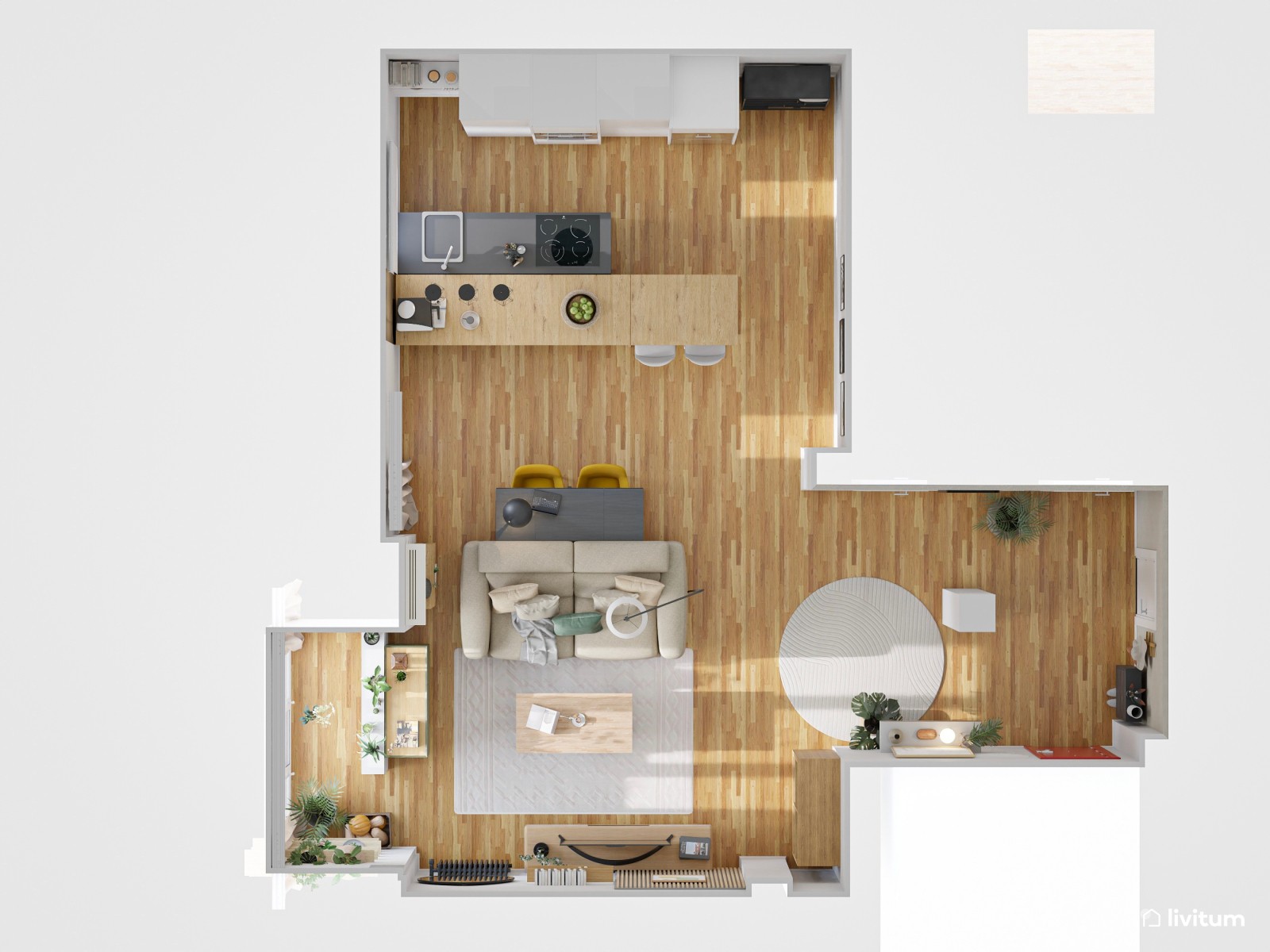 Salón  moderno con madera, detalles en negro y verde