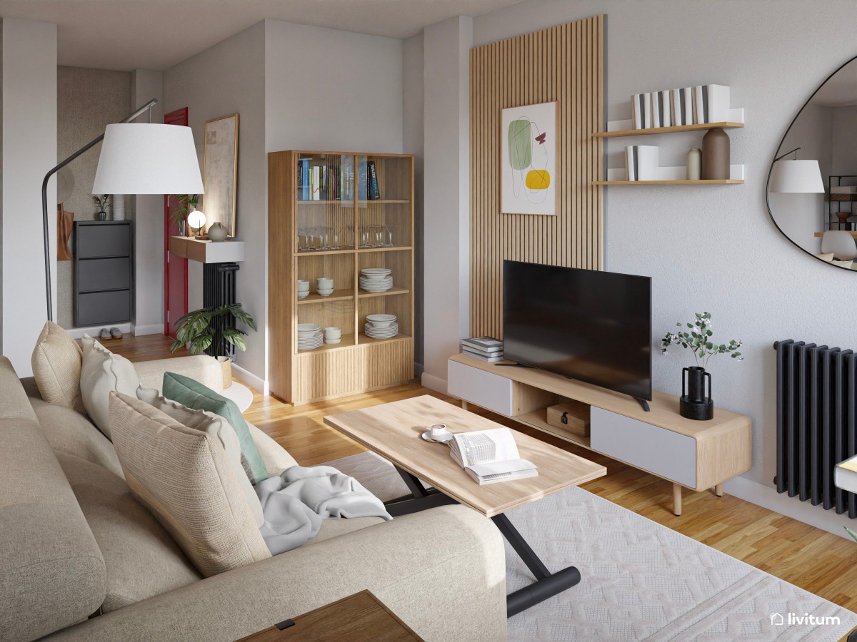 Salón  moderno con madera, detalles en negro y verde