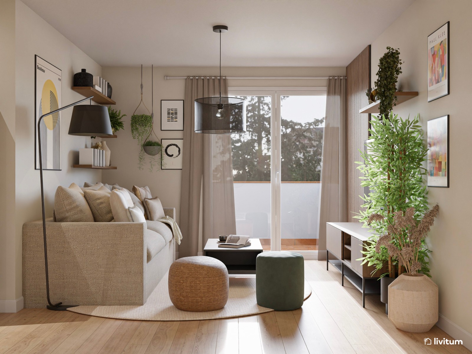 Salón moderno con madera oscura y comedor con sillas diferentes 