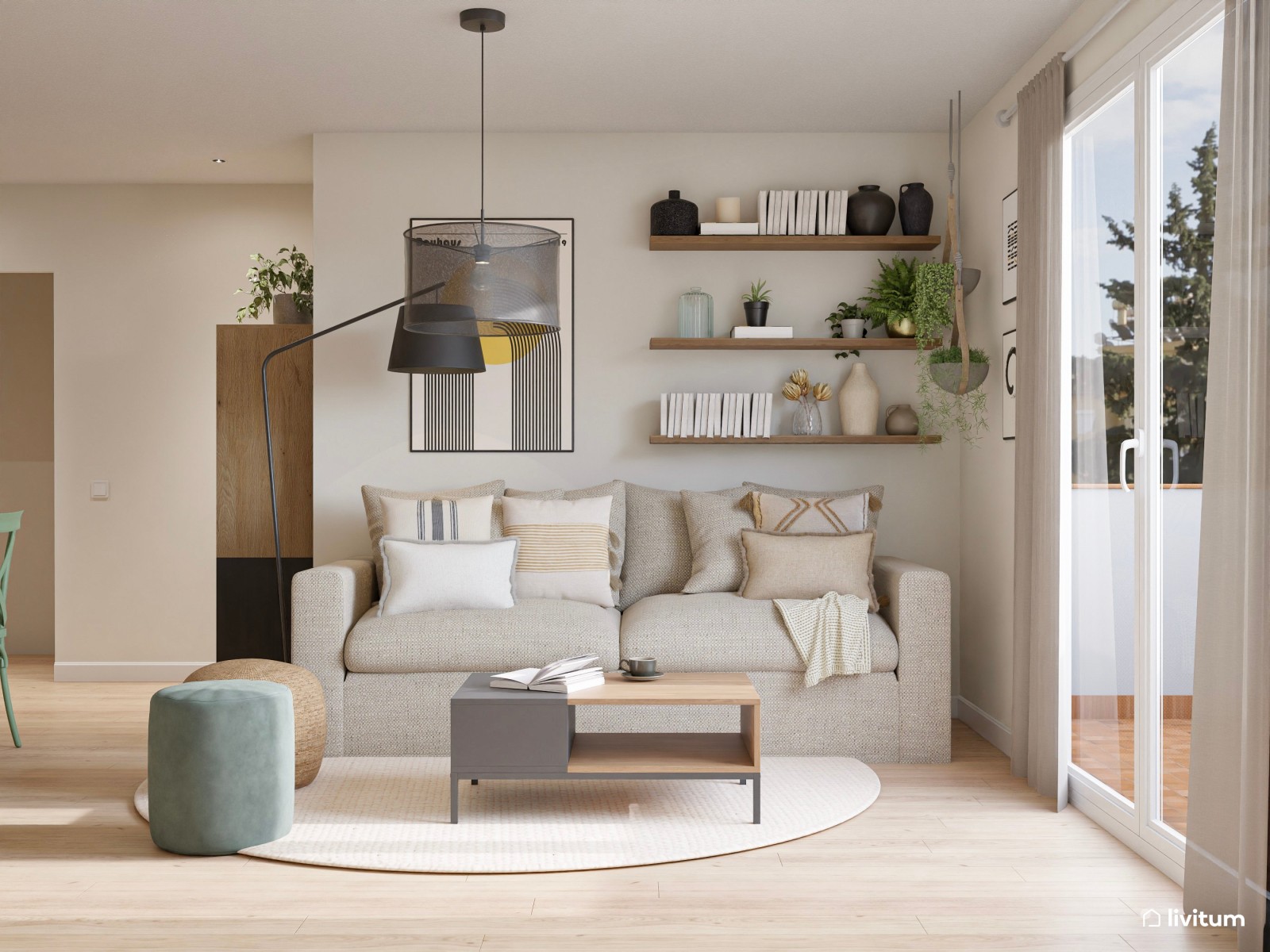 Salón moderno con madera oscura y comedor con sillas diferentes 