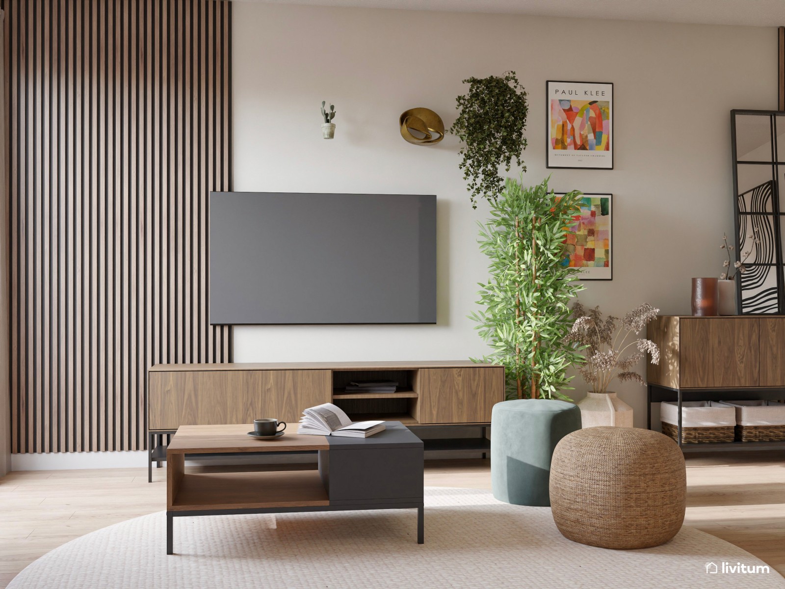 Salón moderno con madera oscura y comedor con sillas diferentes 