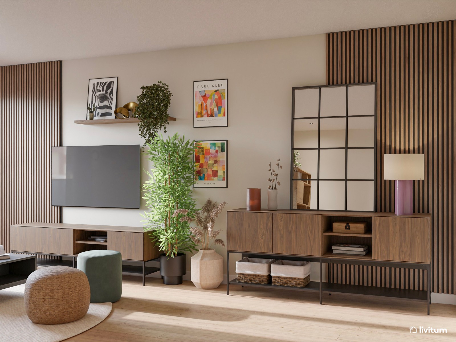 Salón moderno con madera oscura y comedor con sillas diferentes 