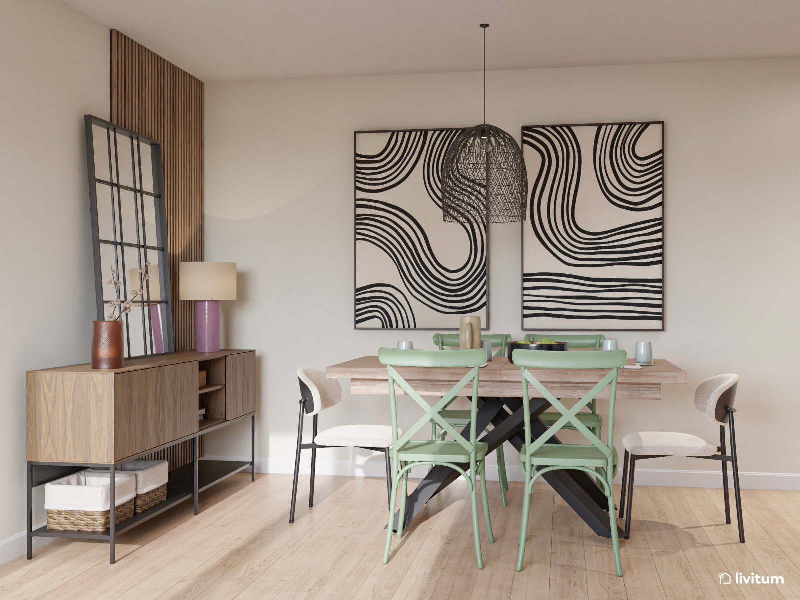 Salón moderno con madera oscura y comedor con sillas diferentes 