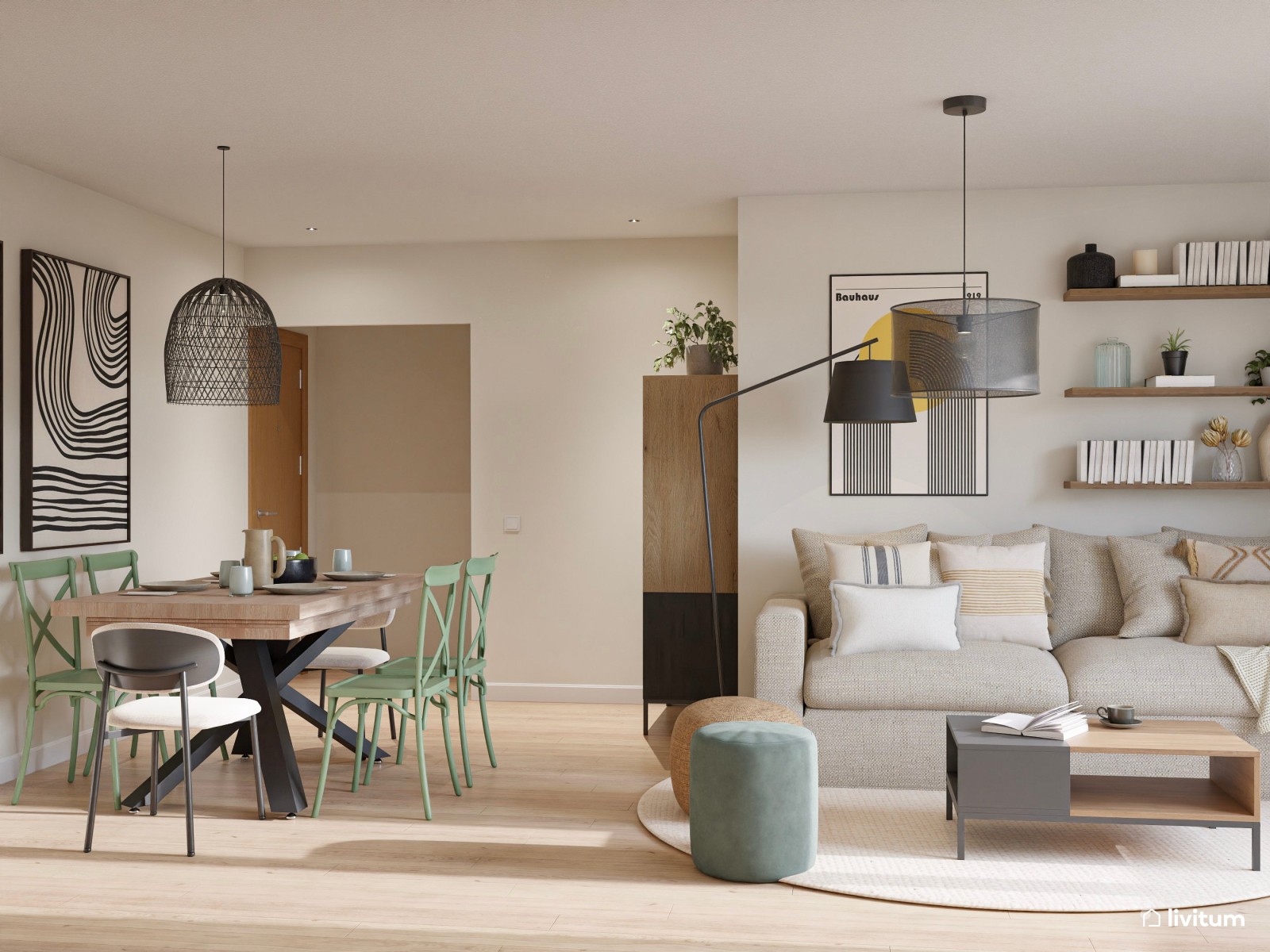 Salón moderno con madera oscura y comedor con sillas diferentes 