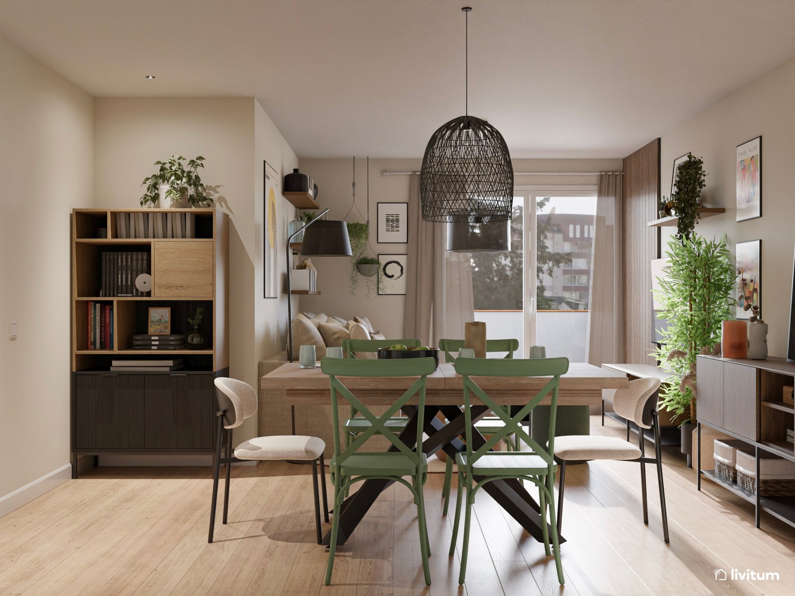Salón moderno con madera oscura y comedor con sillas diferentes 