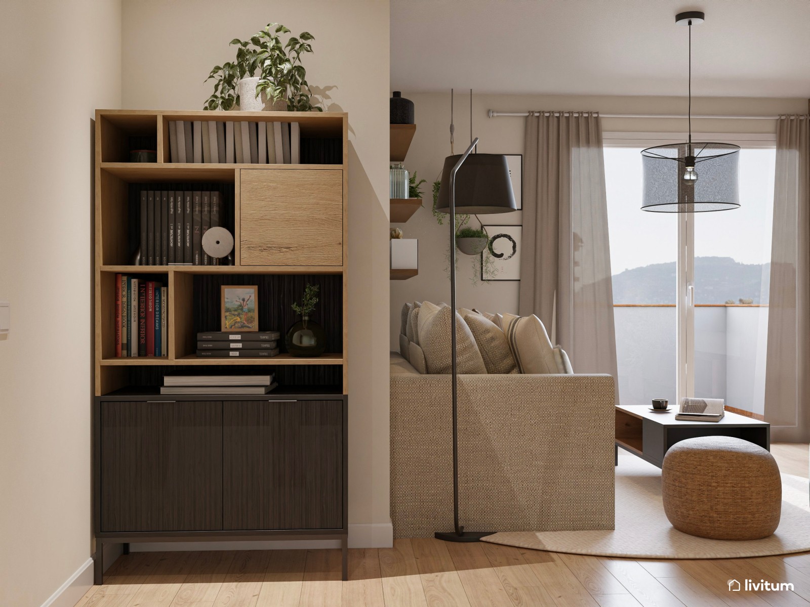 Salón moderno con madera oscura y comedor con sillas diferentes 