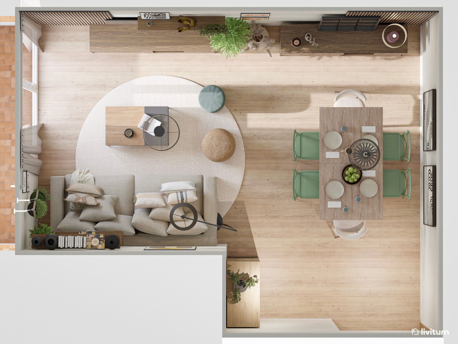 Salón moderno con madera oscura y comedor con sillas diferentes 