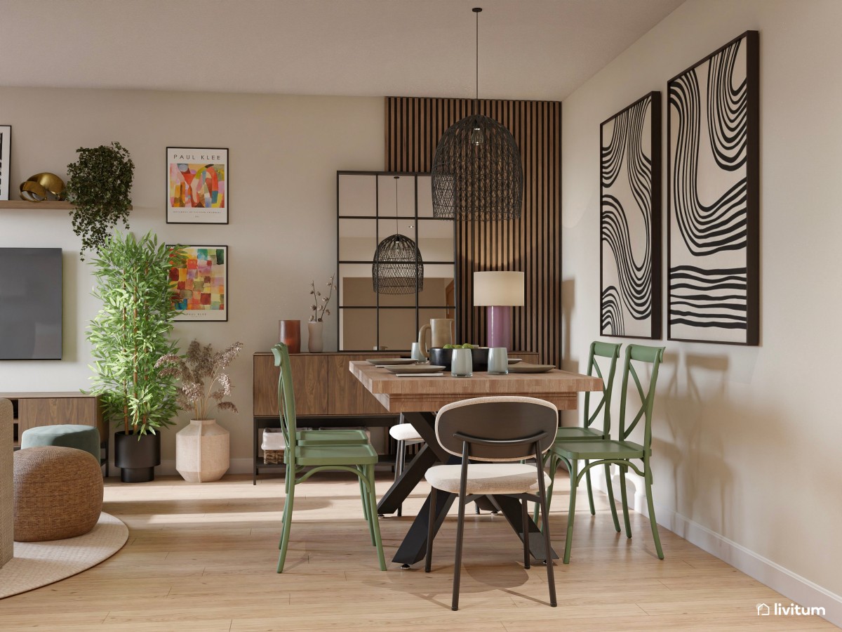 Salón moderno con madera oscura y comedor con sillas diferentes