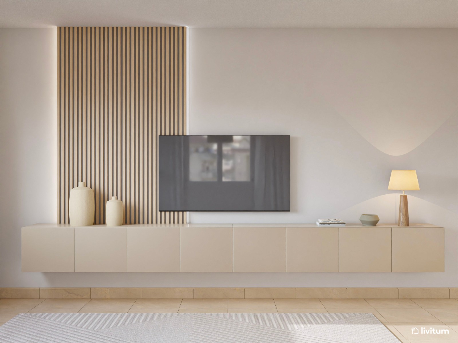 Salón moderno con mobiliario de líneas curvas en tonos suaves