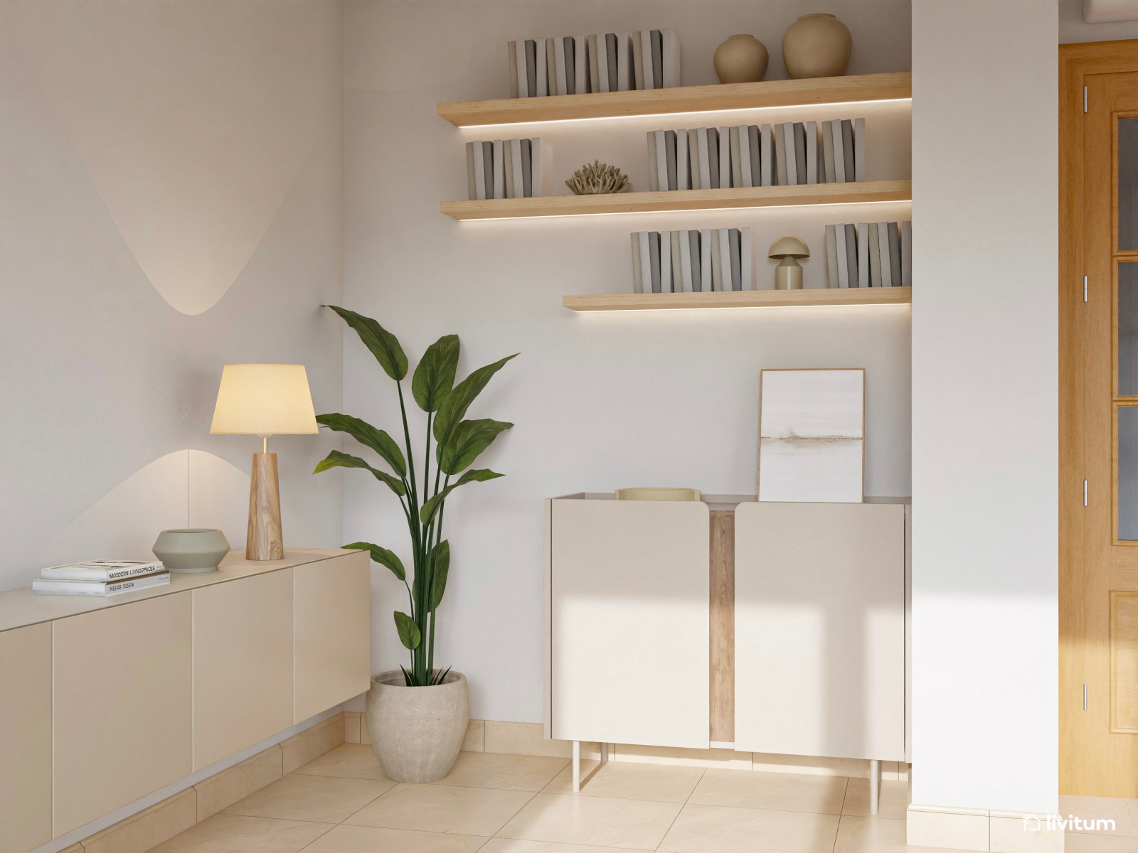 Salón moderno con mobiliario de líneas curvas en tonos suaves