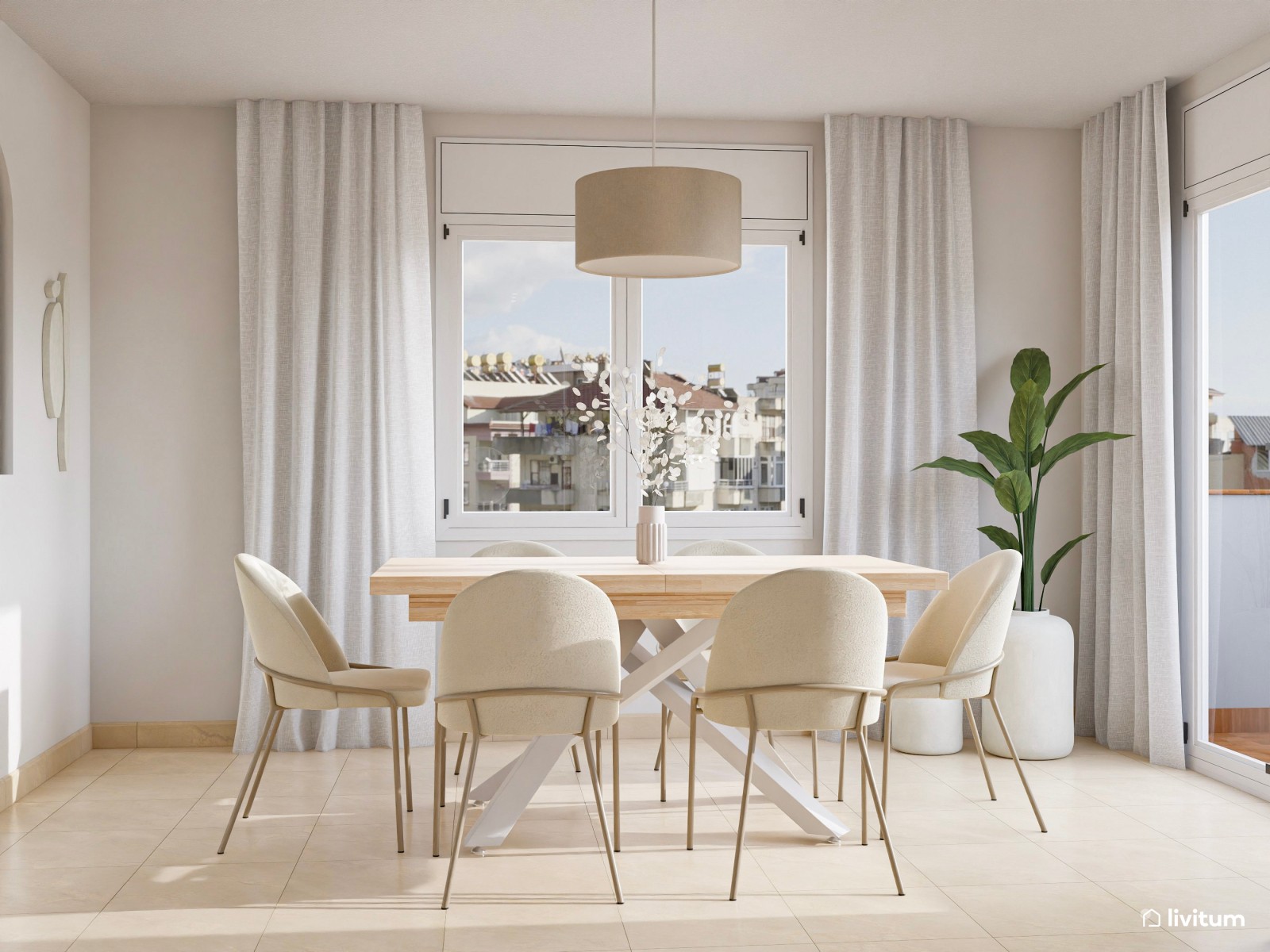 Salón moderno con mobiliario de líneas curvas en tonos suaves