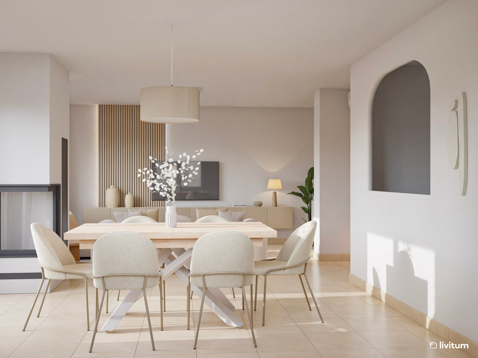 Salón moderno con mobiliario de líneas curvas en tonos suaves