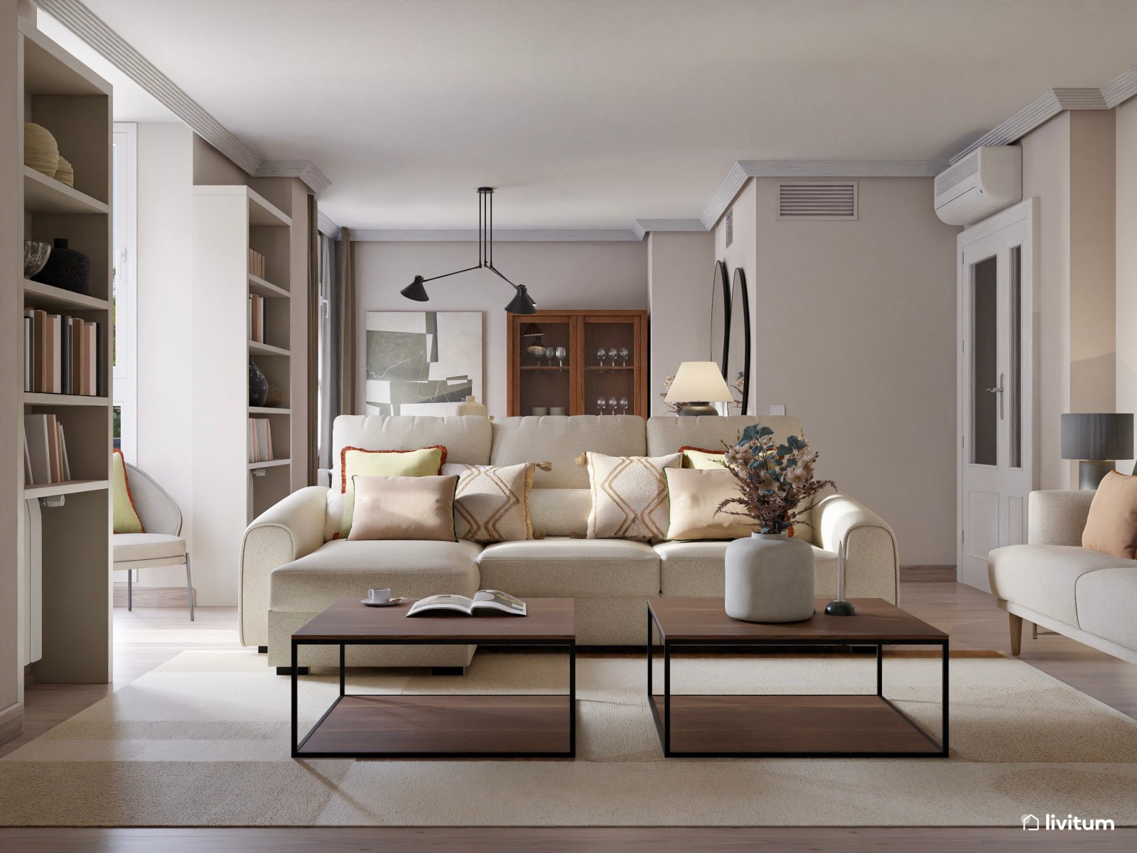 Salón moderno con muebles de madera oscura y estanterías a medida