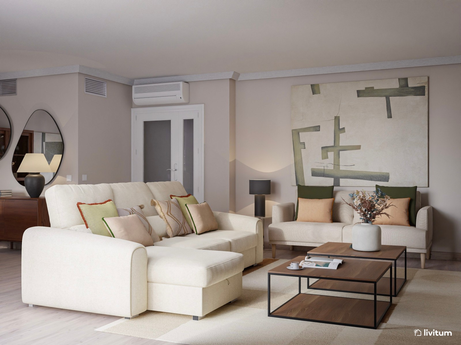 Salón moderno con muebles de madera oscura y estanterías a medida