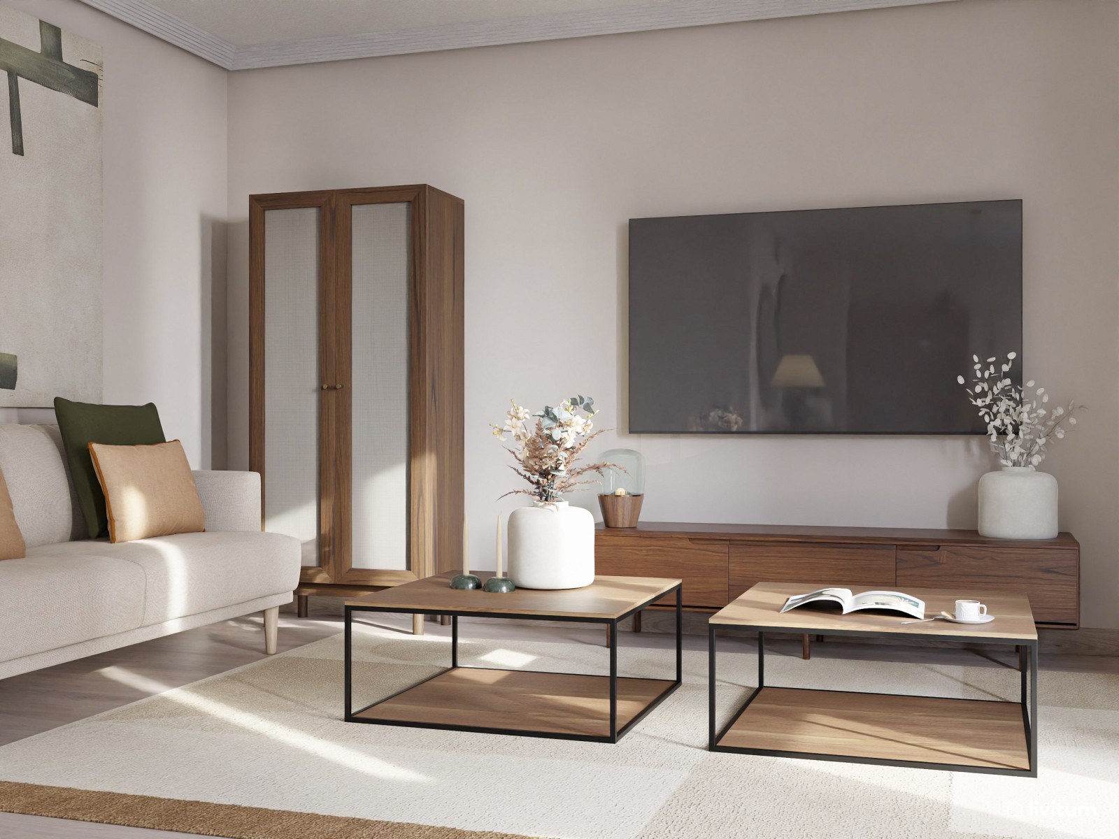 Salón moderno con muebles de madera oscura y estanterías a medida