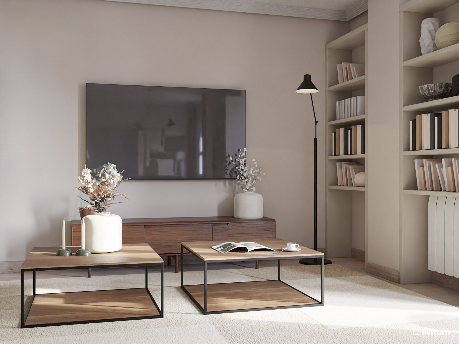 Salón moderno con muebles de madera oscura y estanterías a medida