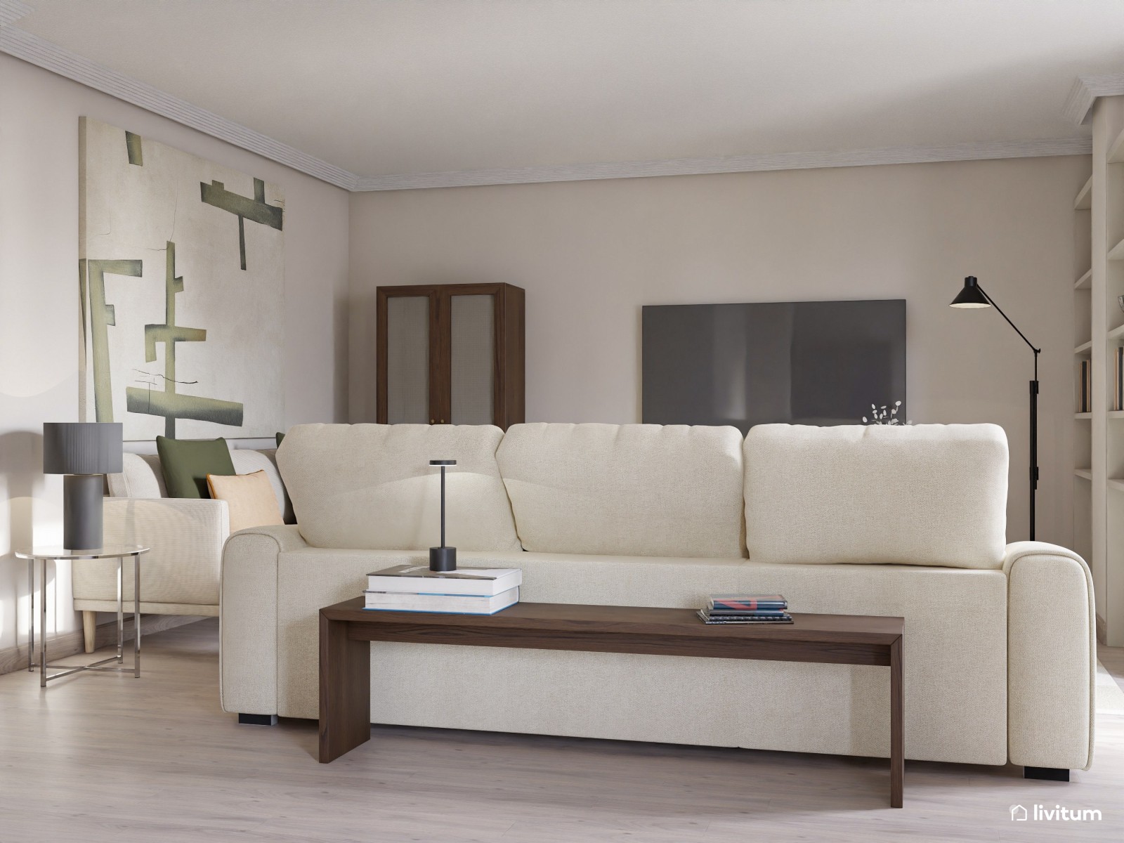 Salón moderno con muebles de madera oscura y estanterías a medida
