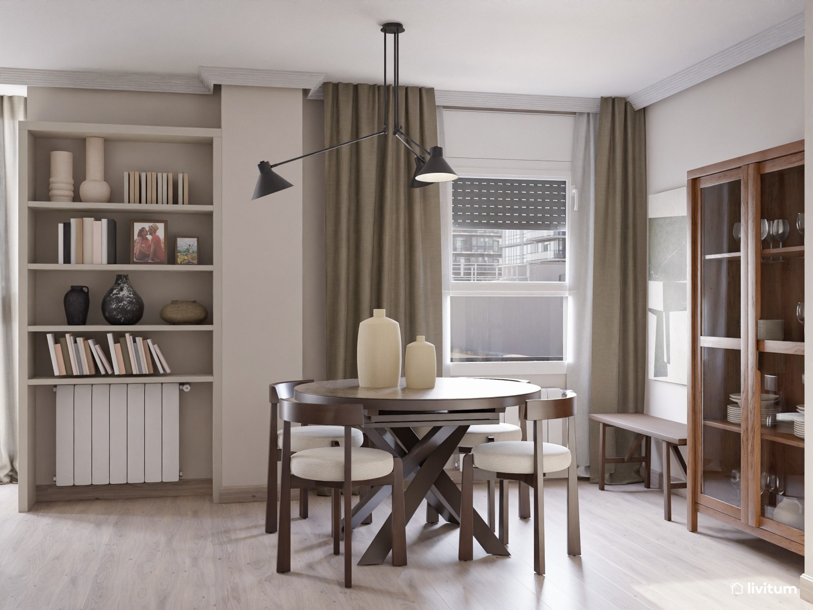 Salón moderno con muebles de madera oscura y estanterías a medida