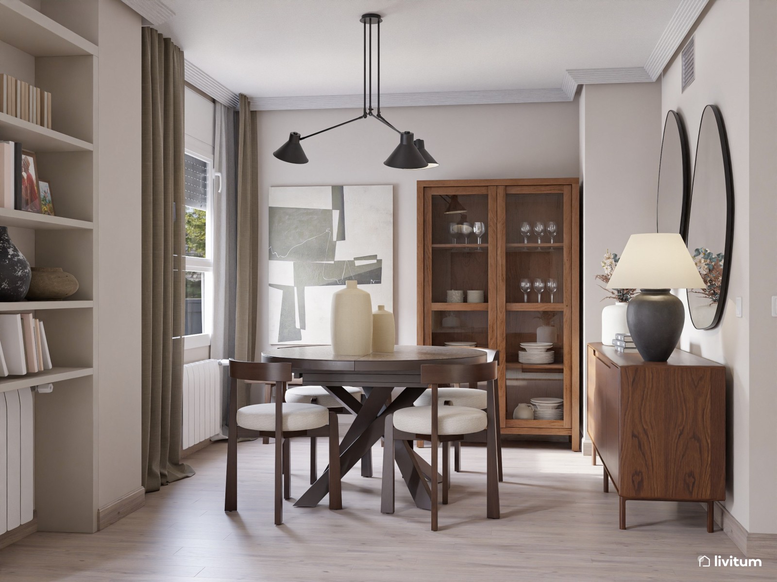 Salón moderno con muebles de madera oscura y estanterías a medida