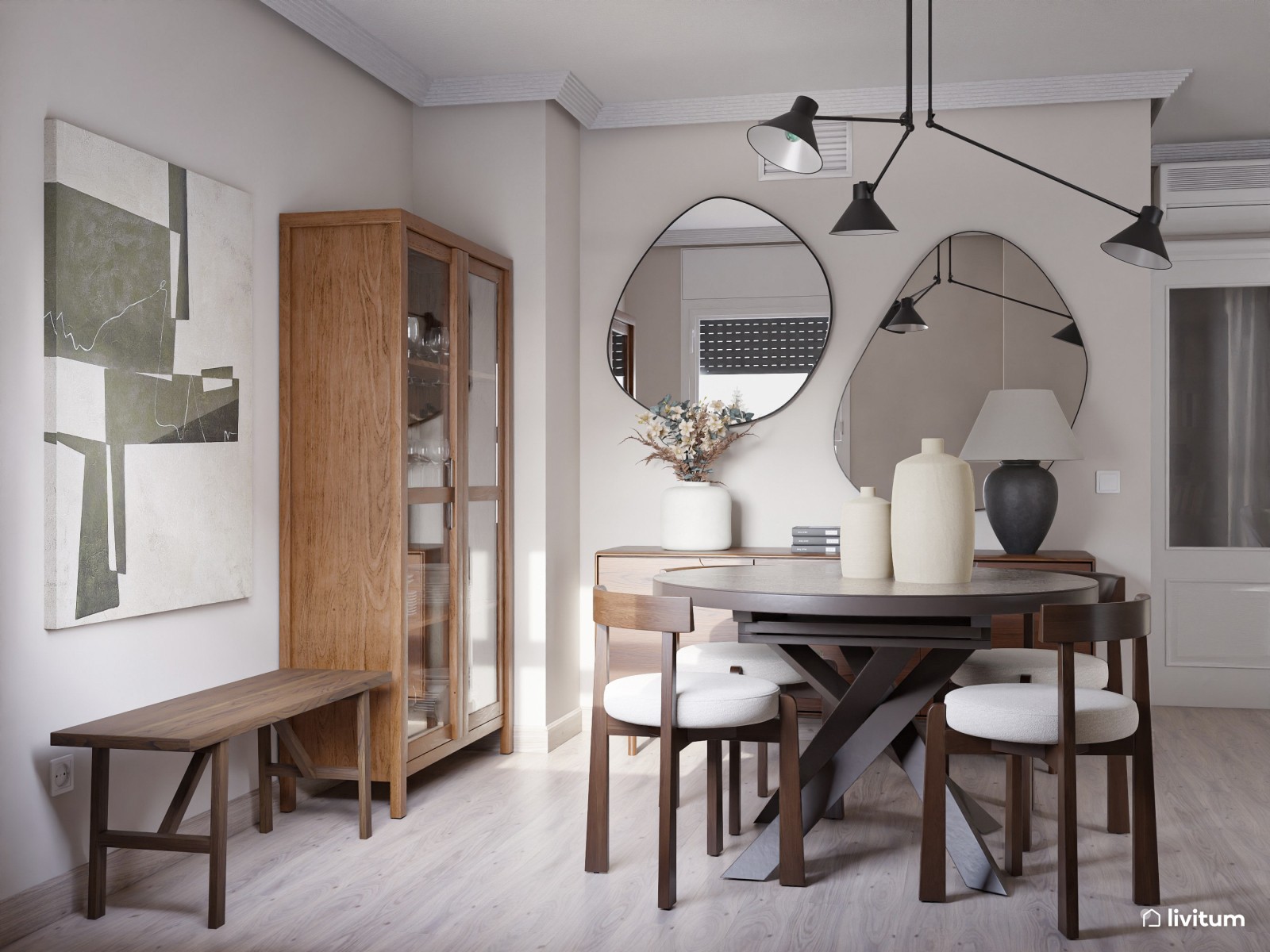 Salón moderno con muebles de madera oscura y estanterías a medida