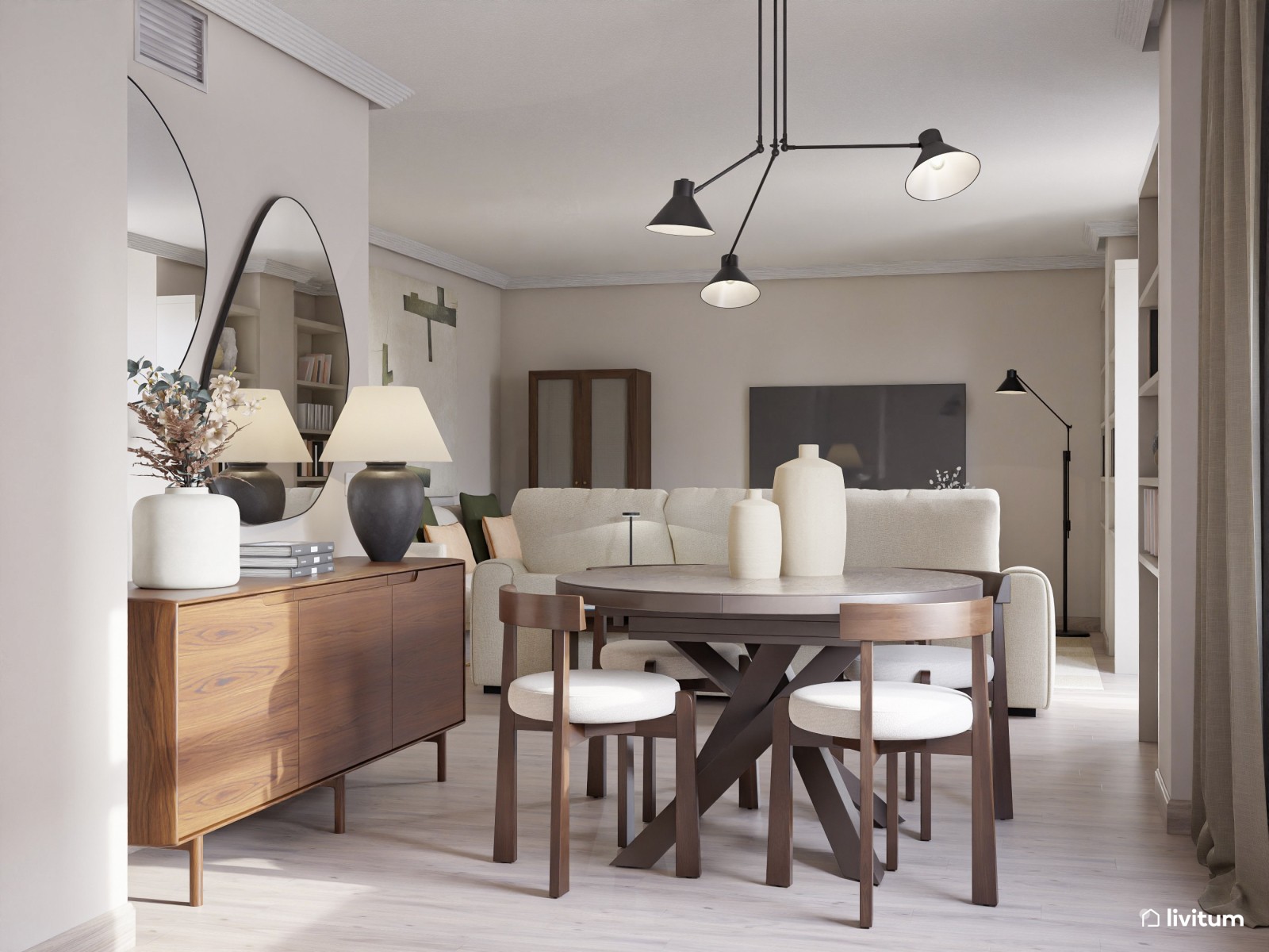 Salón moderno con muebles de madera oscura y estanterías a medida