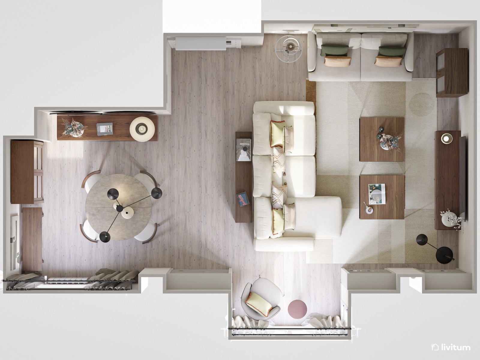 Salón moderno con muebles de madera oscura y estanterías a medida