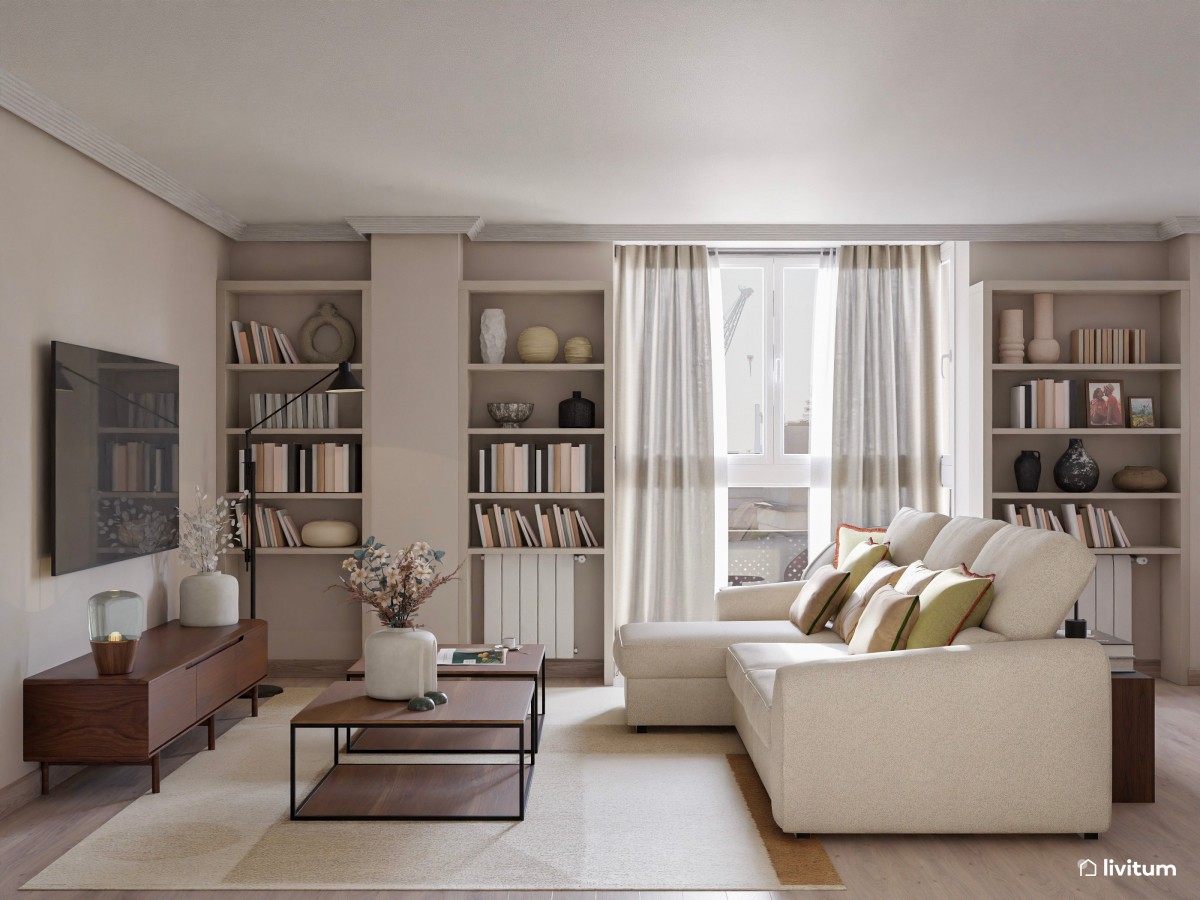 Salón moderno con muebles de madera oscura y estanterías a medida