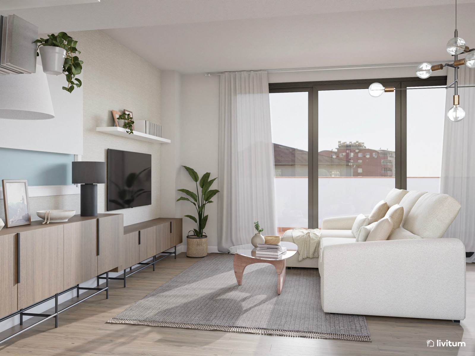 Salón moderno con muebles originales en gris, madera y blanco