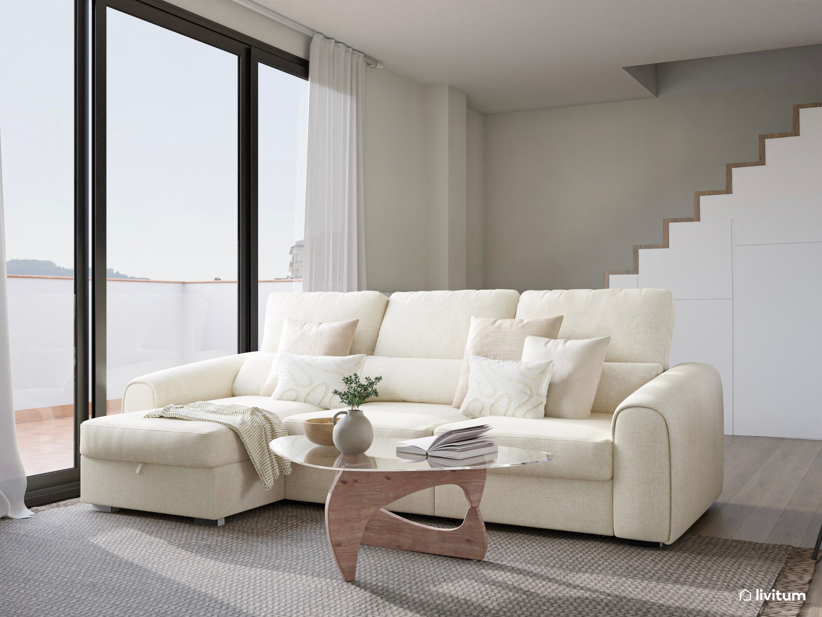 Salón moderno con muebles originales en gris, madera y blanco