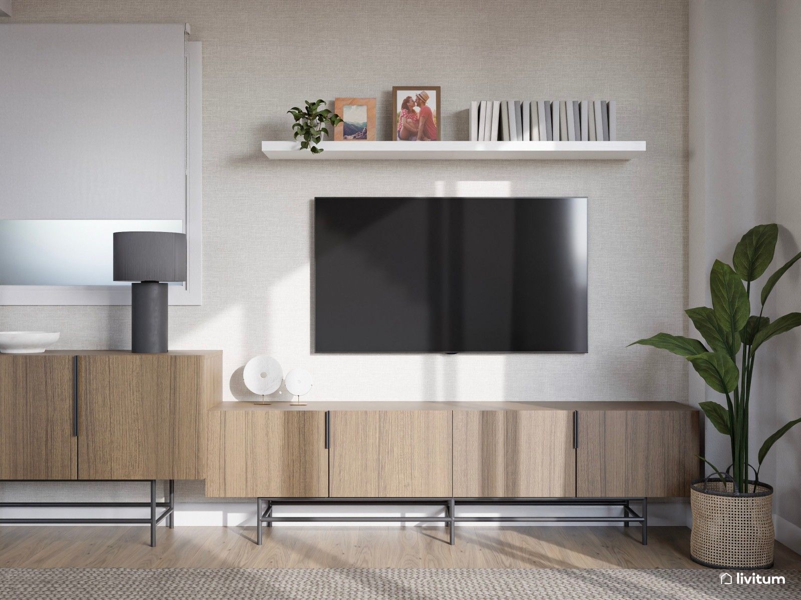 Salón moderno con muebles originales en gris, madera y blanco