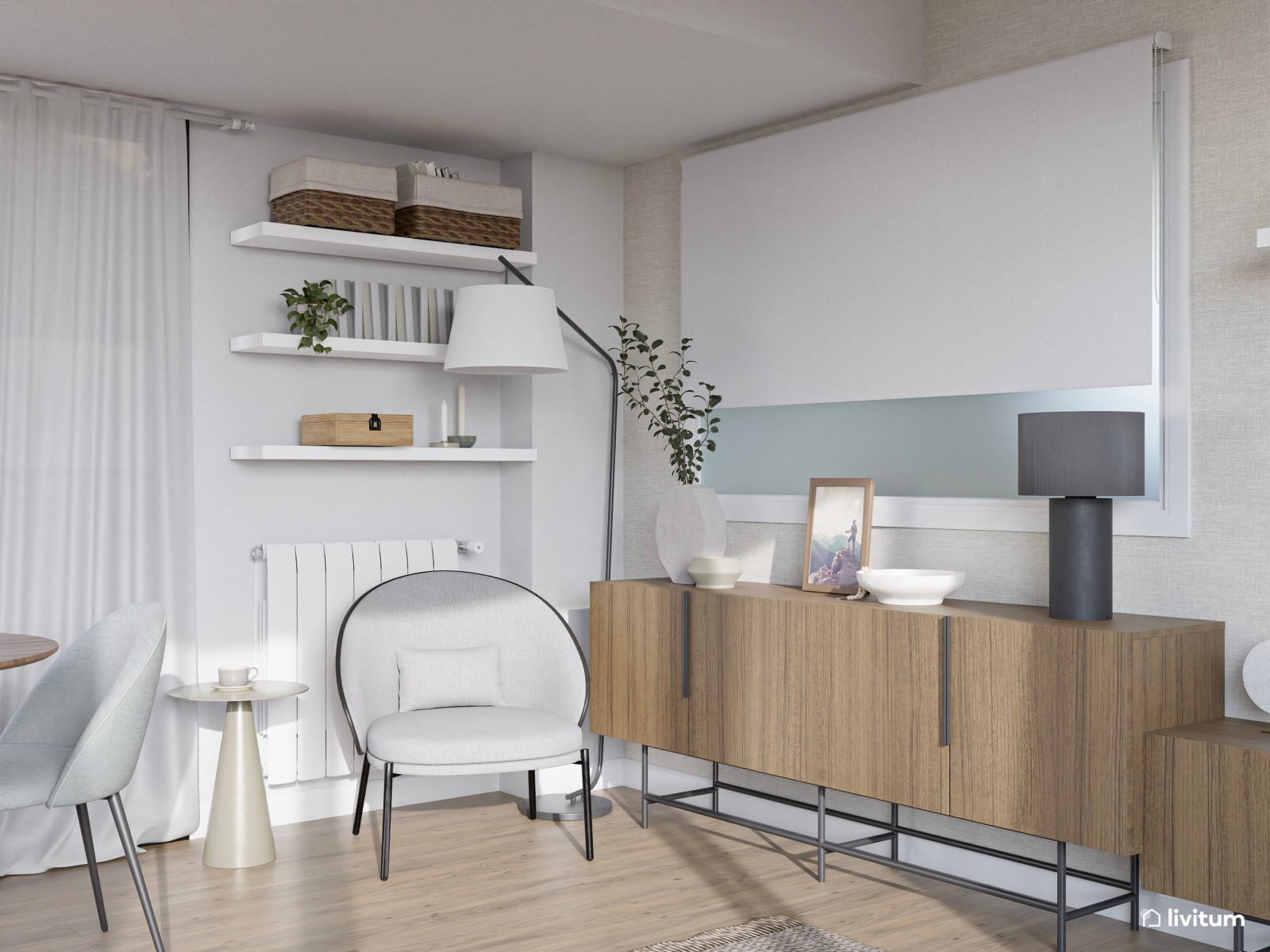 Salón moderno con muebles originales en gris, madera y blanco